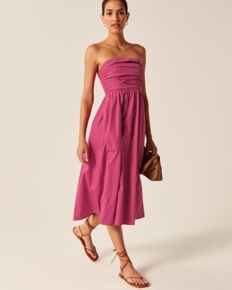 Abercrombie & Fitch Strapless Poplin Midi Dress in Dark Pink ~ ruched fit and flare dresses ~ fitted bodice