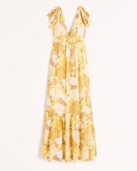 Abercrombie & Fitch Tie-Strap Babydoll Midaxi Dress Yellow Print | retro floral prints | 70s style vintage print dresses | tiered hem