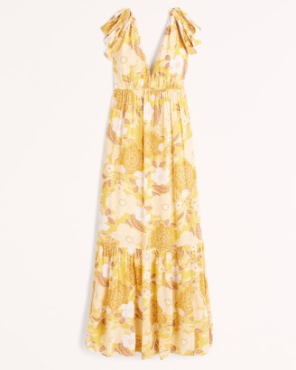 Abercrombie & Fitch Tie-Strap Babydoll Midaxi Dress Yellow Print | retro floral prints | 70s style vintage print dresses | tiered hem