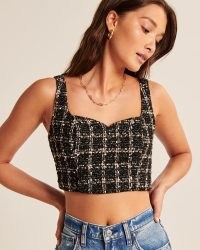Abercrombie & Fitch Tweed Set Top Black Pattern ~ checked crop tops ~ textured fabric fashion ~ cropped style ~ sweetheart neckline