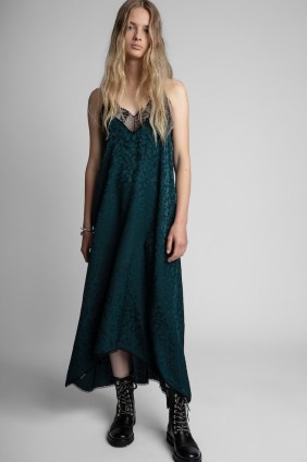 Zadig and Voltaire Risty Jac Leo Silk Dress in Peacock | green leopard print jacquard slip dresses | lace trim with cami shoulder straps | strappy evening fashion | dip hem - flipped