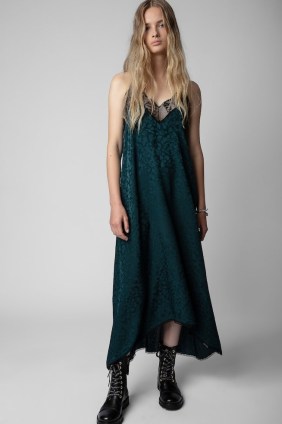 Zadig and Voltaire Risty Jac Leo Silk Dress in Peacock | green leopard print jacquard slip dresses | lace trim with cami shoulder straps | strappy evening fashion | dip hem