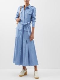 GABRIELA HEARST Meyer belted denim shirt dress in blue ~ women’s designer utility dresses ~ front flap pockets ~ self tie waist belt