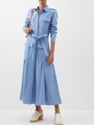GABRIELA HEARST Meyer belted denim shirt dress in blue ~ women’s designer utility dresses ~ front flap pockets ~ self tie waist belt