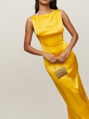 Reformation Zya Silk Dress in Turmeric | luxe yellow sleeveless vintage style occasion dresses | sophisticated evening maxi | chic event wear | silky occasionwear