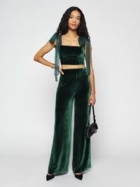 Reformation Abby Velvet Two Piece in Forest – luxe dark green fashion sets – women’s crop top and trousers evening co-ord – tie shoulder detail – feminine occasion co-ords