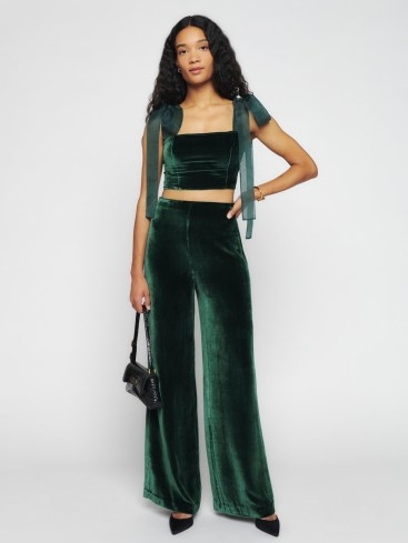 Reformation Abby Velvet Two Piece in Forest – luxe dark green fashion sets – women’s crop top and trousers evening co-ord – tie shoulder detail – feminine occasion co-ords - flipped
