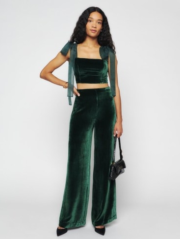 Reformation Abby Velvet Two Piece in Forest – luxe dark green fashion sets – women’s crop top and trousers evening co-ord – tie shoulder detail – feminine occasion co-ords