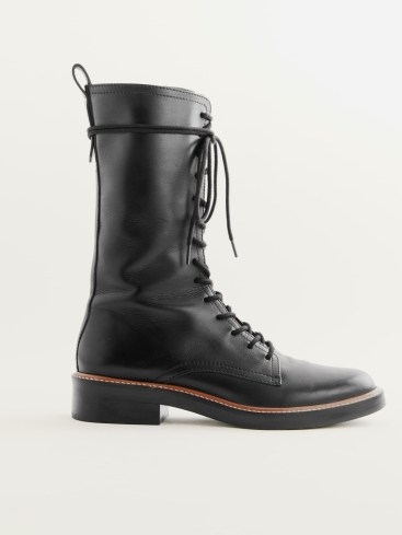 Reformation Ada Combat Boot in black Leather ~ womne’s calf length almond toe lace up boots - flipped