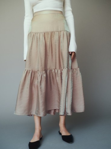 Reformation Adriana Skirt in Champagne | luxe tiered hem skirts | womens deadstock fashion | women’s stylish sustainable clothing - flipped