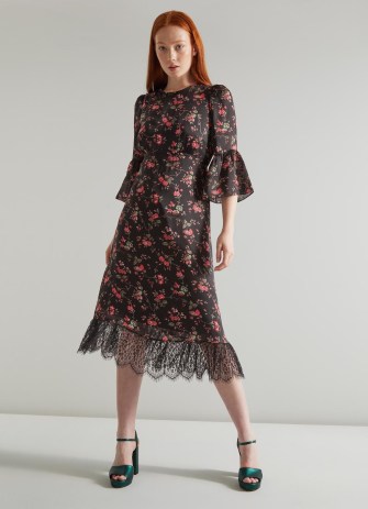 L.K. BENNETT Aggie Black Clematis Print Silk and Lace Trim Dress – floral fluted sleeve occasion dresses – semi sheer hemline - flipped