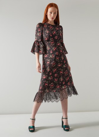 L.K. BENNETT Aggie Black Clematis Print Silk and Lace Trim Dress – floral fluted sleeve occasion dresses – semi sheer hemline