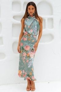 Hello Molly SWITCH OVER MAXI DRESS GREEN ~ floral sleeveless high neck evening dresses