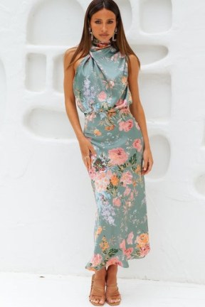 Hello Molly SWITCH OVER MAXI DRESS GREEN ~ floral sleeveless high neck evening dresses - flipped