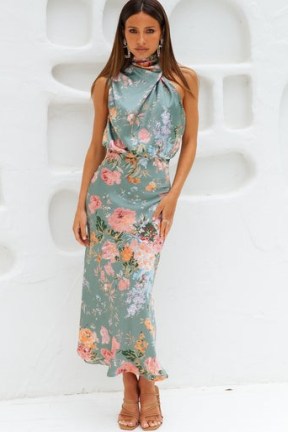 Hello Molly SWITCH OVER MAXI DRESS GREEN ~ floral sleeveless high neck evening dresses