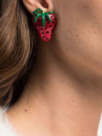 Alessandra Rich enamelled Strawberry clip-on earrings / retro inspired fruit jewellery / farfaetch / designer fashion jewelry - flipped