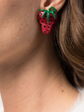 Alessandra Rich enamelled Strawberry clip-on earrings / retro inspired fruit jewellery / farfaetch / designer fashion jewelry