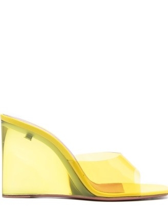 Amina Muaddi 95mm Lupita glass wedge heels in yellow – transparent wedges – clear wedged heel mule sandals – farfetch women’s designer shoes - flipped
