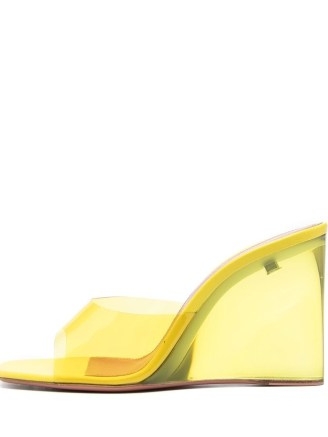 Amina Muaddi 95mm Lupita glass wedge heels in yellow – transparent wedges – clear wedged heel mule sandals – farfetch women’s designer shoes