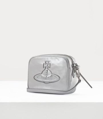 Vivienne Westwood ANNA CAMERA BAG in Silver ~ rectangular metallic leather crossbody bags - flipped