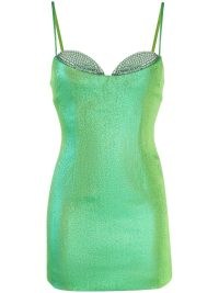 AREA crystal-embellished lamé dress in bright green – metallic spaghetti strap mini dresses – skinny shoulder strap evening fashion – farfetch women’s designer clothes