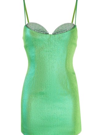 AREA crystal-embellished lamé dress in bright green – metallic spaghetti strap mini dresses – skinny shoulder strap evening fashion – farfetch women’s designer clothes