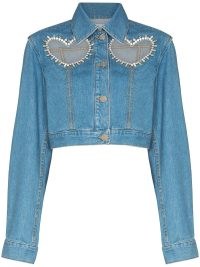AREA crystal-heart denim jacket in blue – cropped embellished cut out jackets – farfetch