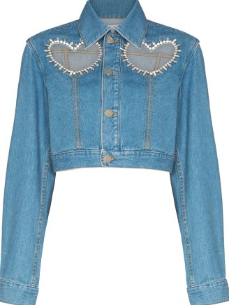AREA crystal-heart denim jacket in blue – cropped embellished cut out jackets – farfetch - flipped