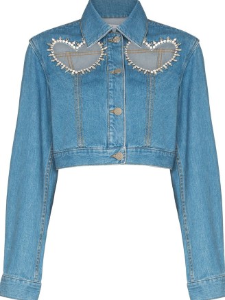 AREA crystal-heart denim jacket in blue – cropped embellished cut out jackets – farfetch