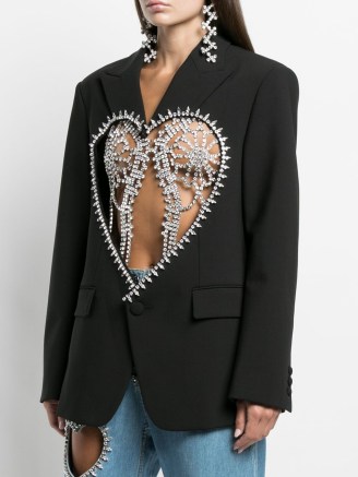 AREA heart cut-detail blazer in black – embellished cut out blazers – crystal cutout jackets – farfetch womens designer outerwear - flipped