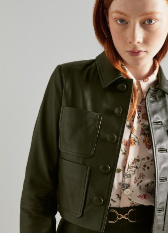 L.K. BENNETT Aubree Dark Green Leather Cropped Jacket ~ luxe crop hem pocket detail jackets ~ women’s chic casual autumn outerwear - flipped
