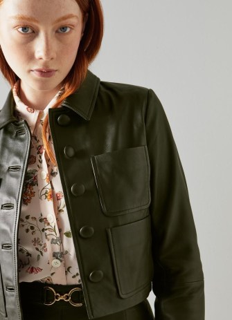 L.K. BENNETT Aubree Dark Green Leather Cropped Jacket ~ luxe crop hem pocket detail jackets ~ women’s chic casual autumn outerwear