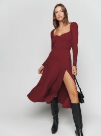 Reformation Banks Knit Dress in Chianti | dark red long sleeve split hem midi dresses | knitted autumn fashion | thigh high slit | sweetheart neckline clothes