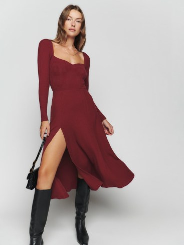 Reformation Banks Knit Dress in Chianti | dark red long sleeve split hem midi dresses | knitted autumn fashion | thigh high slit | sweetheart neckline clothes - flipped