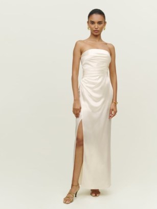 Reformation Barrow Silk Dress in Ivory ~ luxe strapless maxi dresses ~ ruched occasion gowns ~ bandeau wedding dress - flipped
