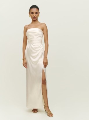 Reformation Barrow Silk Dress in Ivory ~ luxe strapless maxi dresses ~ ruched occasion gowns ~ bandeau wedding dress