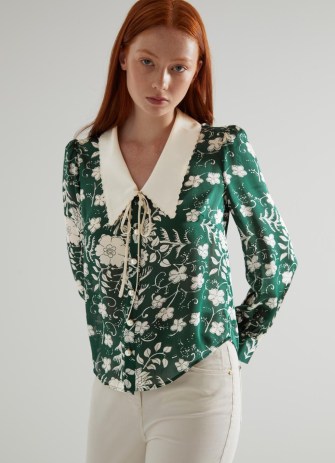 L.K. BENNETT Beecham Green and Cream Whimsical Floral Print Scallop Collar Silk Blouse – floral collared blouses – feminine vintage style fashion - flipped