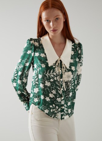 L.K. BENNETT Beecham Green and Cream Whimsical Floral Print Scallop Collar Silk Blouse – floral collared blouses – feminine vintage style fashion