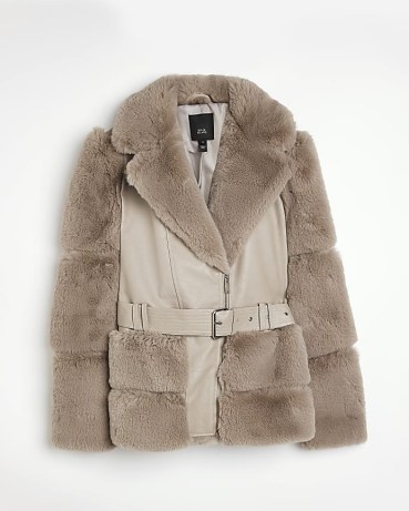 RIVER ISLAND BEIGE FAUX FUR BIKER JACKET / women’s on-trend faux leather belted jackets / womens fluffy panel winter coats