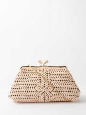 ANYA HINDMARCH Maud braided-leather clutch bag in beige | luxe vintage inspired occasion bags | designer evening handbags with detachable chain shoulder strap | MATCHESFASHION - flipped