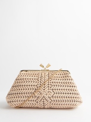 ANYA HINDMARCH Maud braided-leather clutch bag in beige | luxe vintage inspired occasion bags | designer evening handbags with detachable chain shoulder strap | MATCHESFASHION