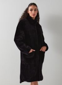 L.K. BENNETT Bergen Navy Shearling Coat – women’s luxe dark blue funnel neck winter coats – chic outerwear