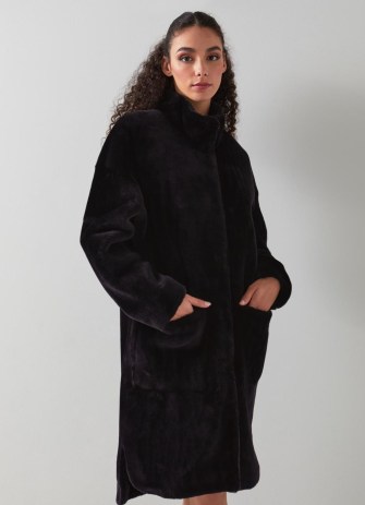 L.K. BENNETT Bergen Navy Shearling Coat – women’s luxe dark blue funnel neck winter coats – chic outerwear