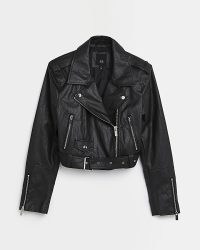 RIVER ISLAND BLACK FAUX LEATHER BIKER JACKET – women’s on-trend zip and buckle detail jackets