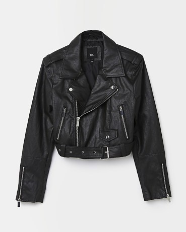 RIVER ISLAND BLACK FAUX LEATHER BIKER JACKET – women’s on-trend zip and buckle detail jackets - flipped