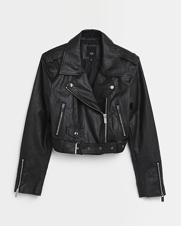 RIVER ISLAND BLACK FAUX LEATHER BIKER JACKET – women’s on-trend zip and buckle detail jackets