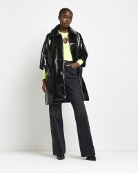 River Island BLACK FAUX LEATHER CAPE COAT | women’s high shine winter coats | belted tie waist | womens shiny outerwear
