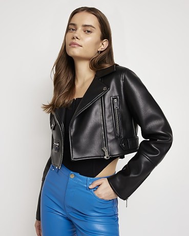 RIVER ISLAND BLACK FAUX LEATHER CROPPED BIKER JACKET – womens zip and stud detail crop hem jackets – women’s on-trend outerwear