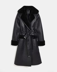 RIVER ISLAND BLACK FAUX SHEARLING LONGLINE COAT ~ women’s belted faux fur trimmed winter coats