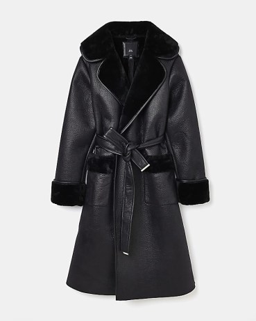 RIVER ISLAND BLACK FAUX SHEARLING LONGLINE COAT ~ women’s belted faux fur trimmed winter coats - flipped